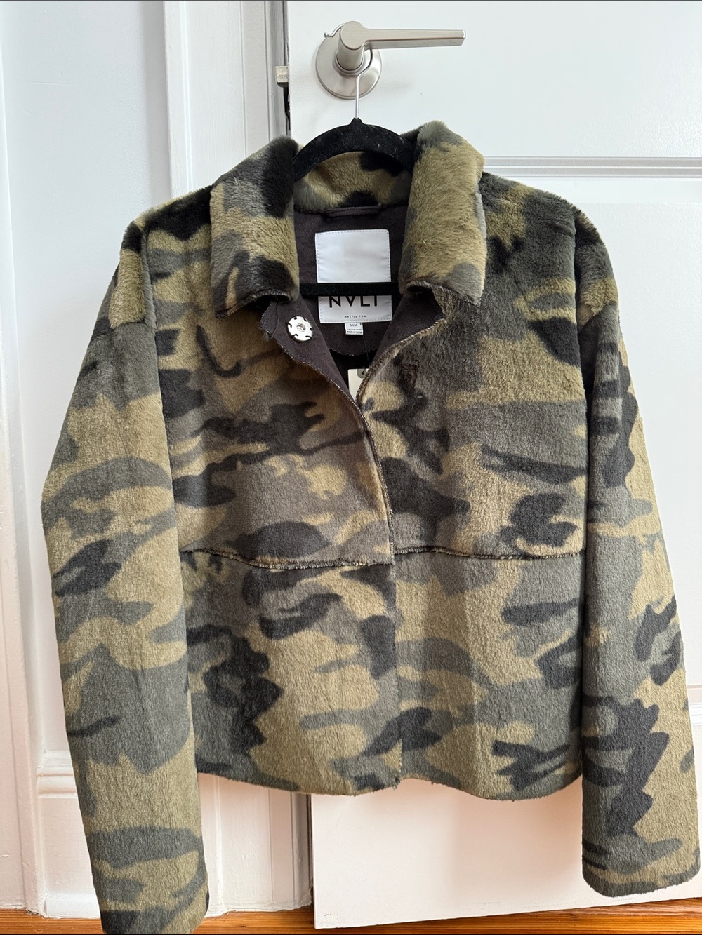 NVLT Camouflage Faux Wool Teddy Jacket - Olive Green & Black